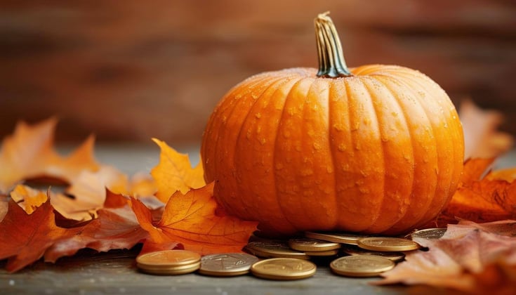 Pumpkin with coins and autumn leaves